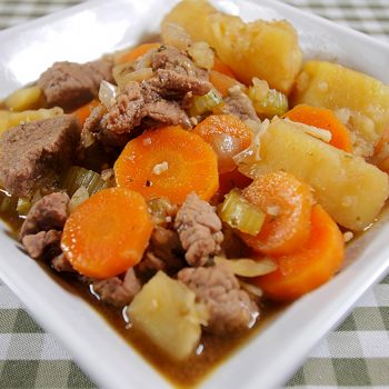 pressure cooker beef stew on a square plate