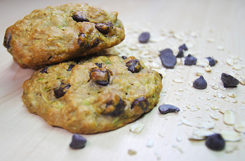 Two homemade oat cookies with chocololate chips