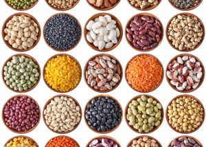 different types of beans in small round bowls