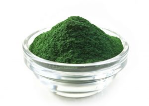 spirulina powder in a small glass bowl on a white background