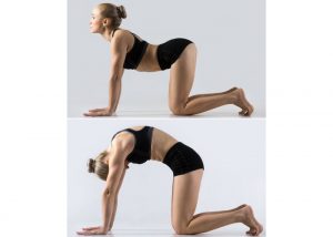 a woman performing two stages of the cat to cow yoga pose