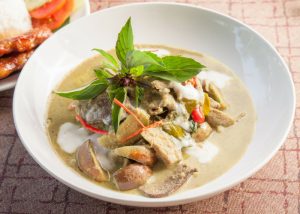 thai green curry with chicken, eggplant, thai basil, coconut milk, chilis