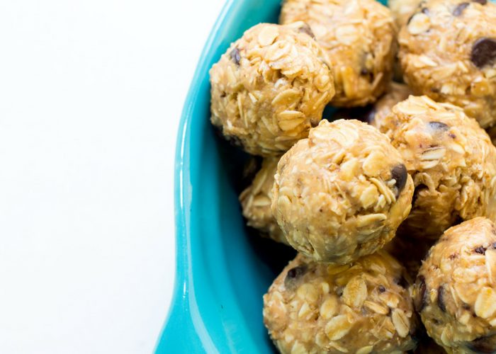 close up of protein oat balls in a blue dish