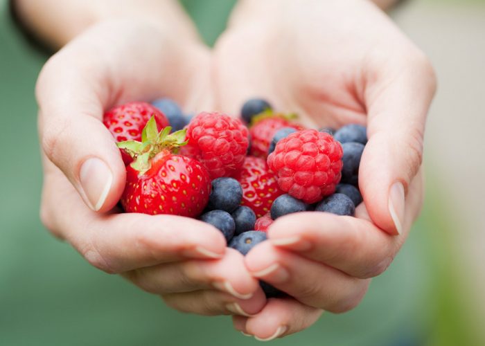 closeup of a woman's hands holding assorted berries
