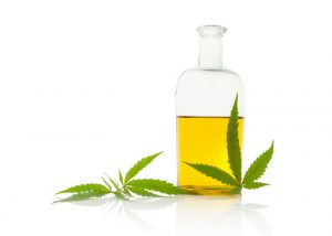 hemp seed oil in a clear bottle with two marijuana leaves beside it
