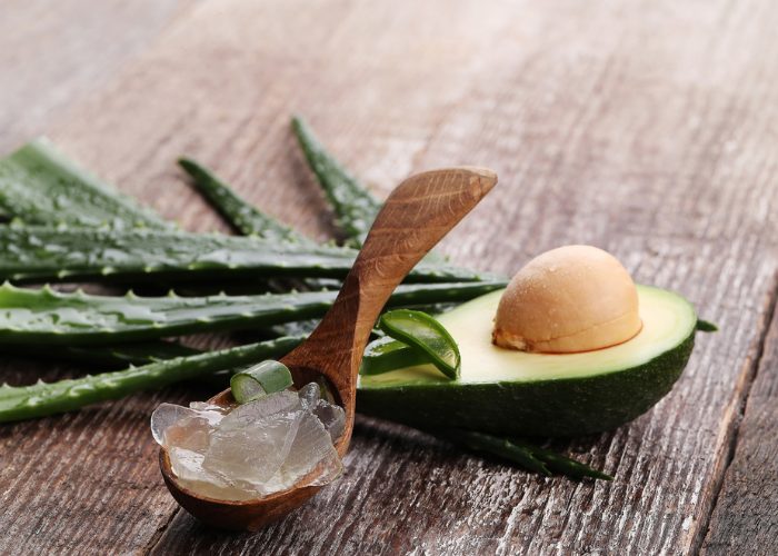 The ingredients needed to Avocado Oil After-Sun Care: fresh aloe vera leaves, a fresh avocado, and chopped up aloe vera