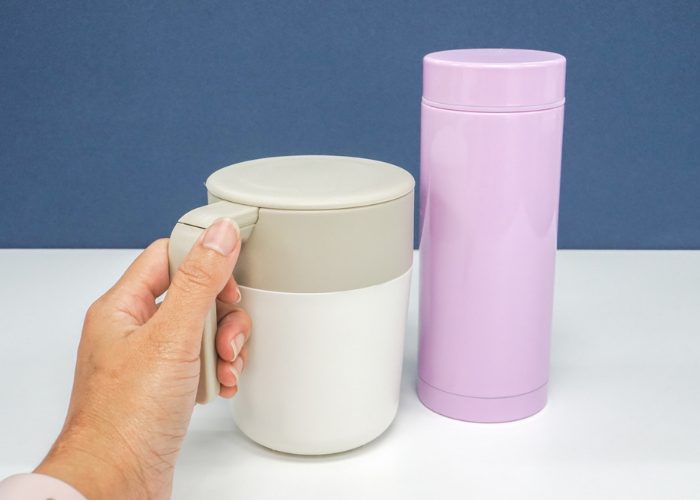 a thermos cup and pink thermos flask that contain DIY lunch