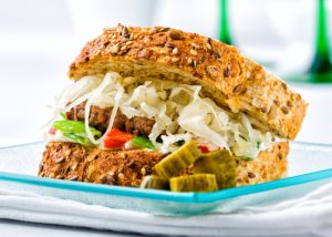 A wholemeal sandwich with a layer of sauerkraut
