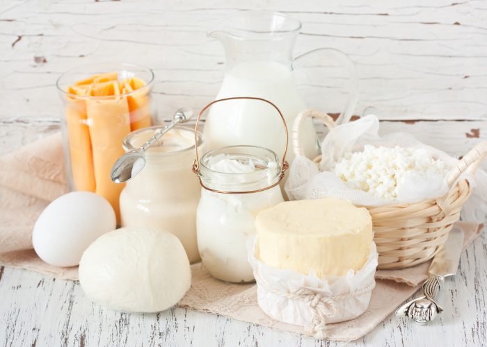 lactose and dairy food products such as cheese, milk, and eggs on a table