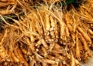 a pile of fresh ginseng roots in a market