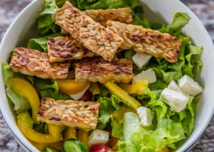 fried tempeh on a bed of fresh green salad