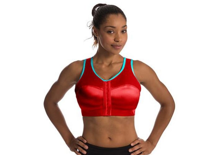 Woman wearing Enell front closure sports bra