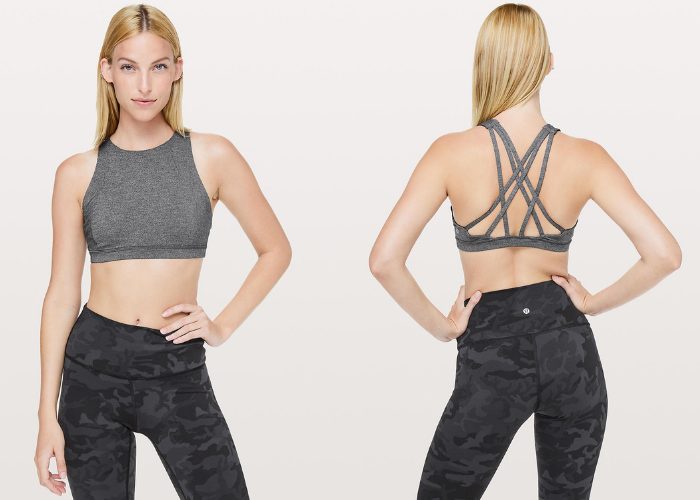 Front and back view of blonde woman wearing Lululemon high neck sports bra