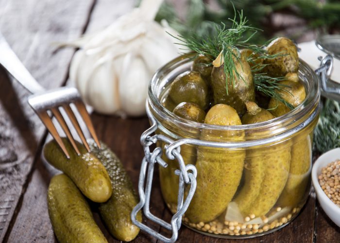 A jar of pickled gherkins rich in amino acid histidine