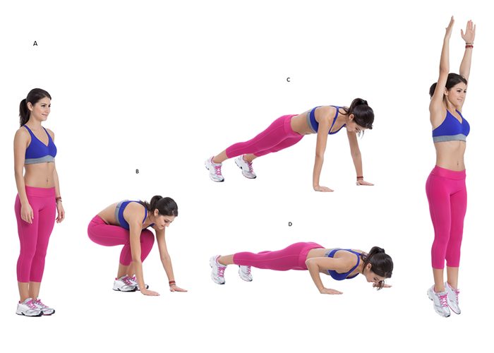 Woman demonstrating burpees for a goblet squat integrated workout