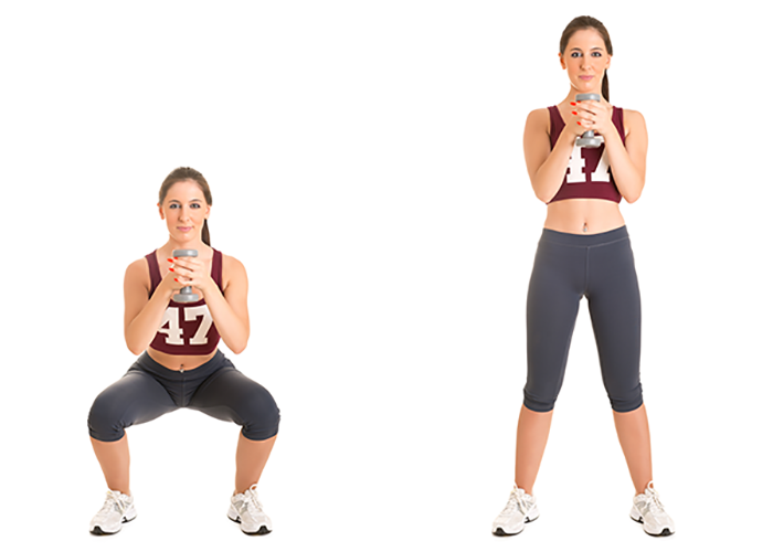 Image of a woman performing a dumbbell goblet squat exercise
