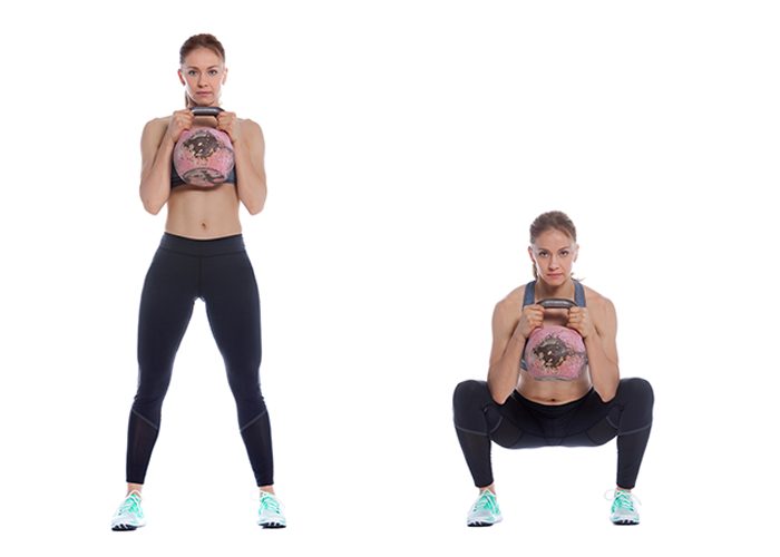 Woman demonstrating a kettlebell goblet squat exercise