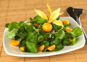 Golden berries on top a green salad on a table mat with a fork and knife on the side.