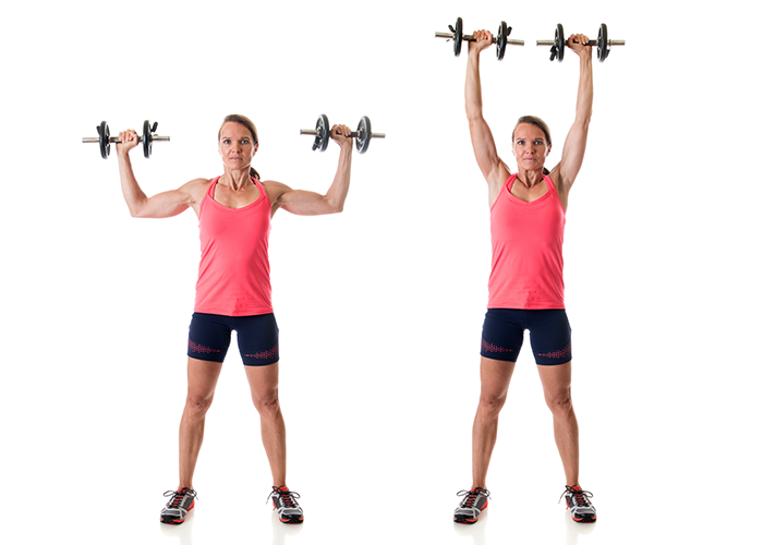 Woman showing how to do an overhead shoulder press for a good chest and tricep workout