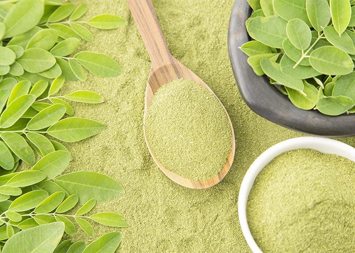 Moringa powder on a wooden spoon surrounded by moringa leaves