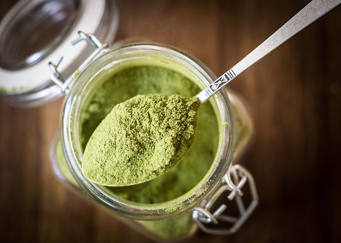 A spoonful of moringa powder being scooped out of a jar