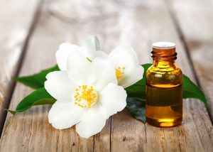 A bottle of jasmine essential oil for skin nourishment next to a fresh jasmine flower