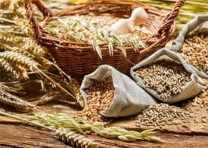 Grains stored in sacks and a big straw basket