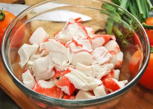 Pieces of processed crab in a bowl