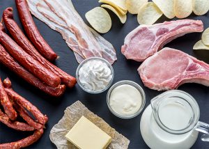 An array of foods with saturated fats such as cold cut meat, fresh meat, butter, and cream