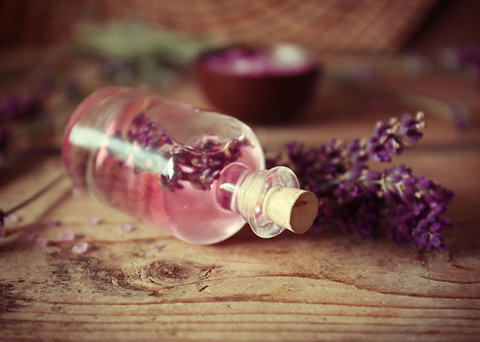 A bottle of lavender essential oil extract