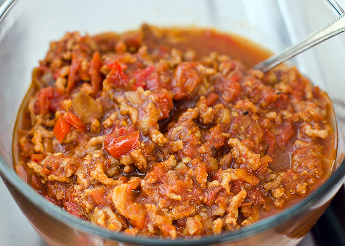A closeup of a bowl of homemade one pot Keto chili recipe